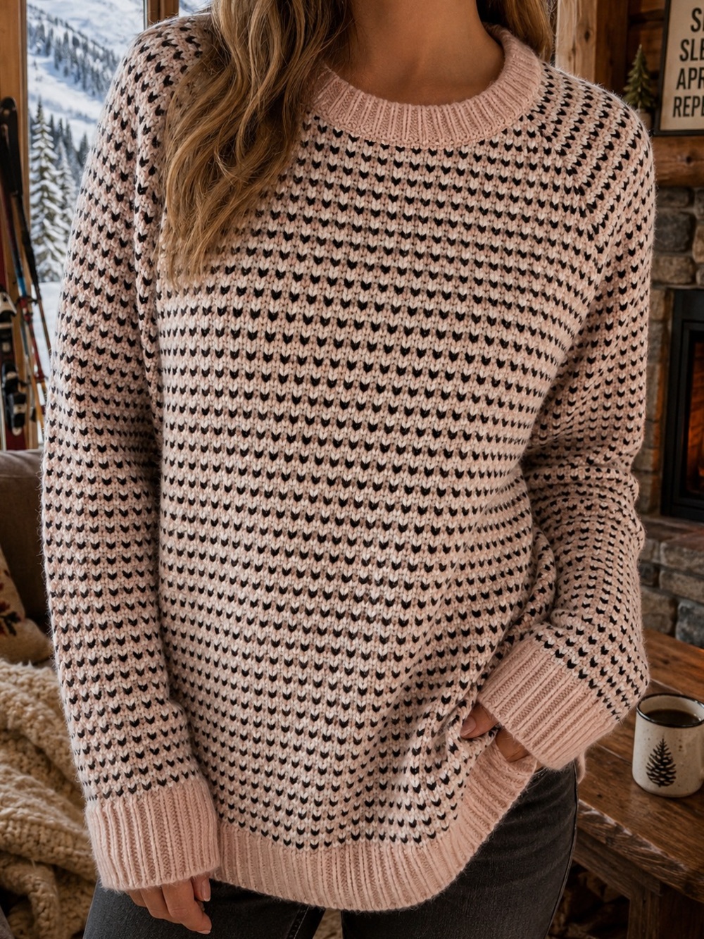Banana Republic M Sweater Blush Pink Black Ivory Textured Knit Wool Blend